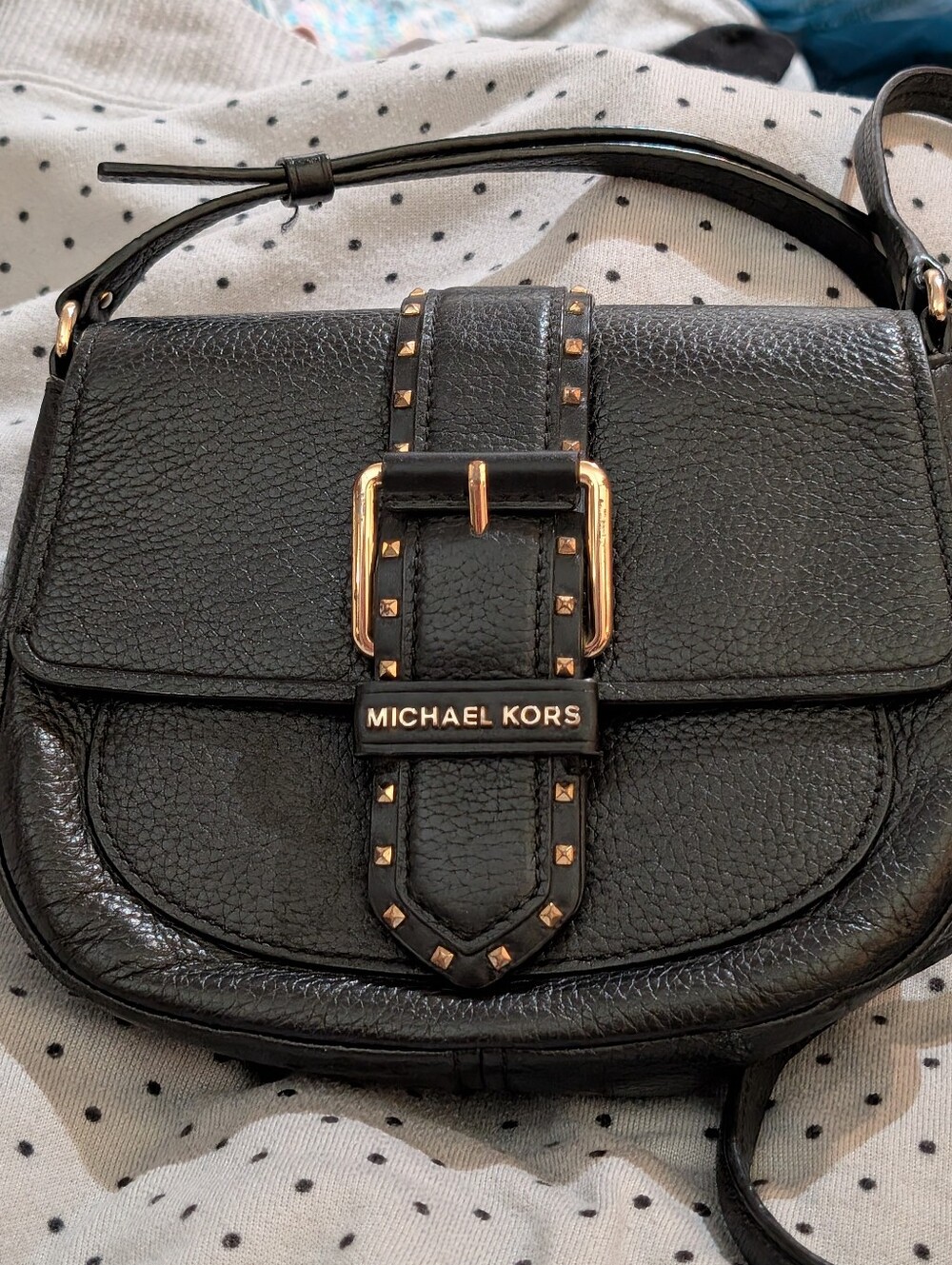 Michael Kors Black Pebbled Leather Crossbody Bag with Gold Stud Accents